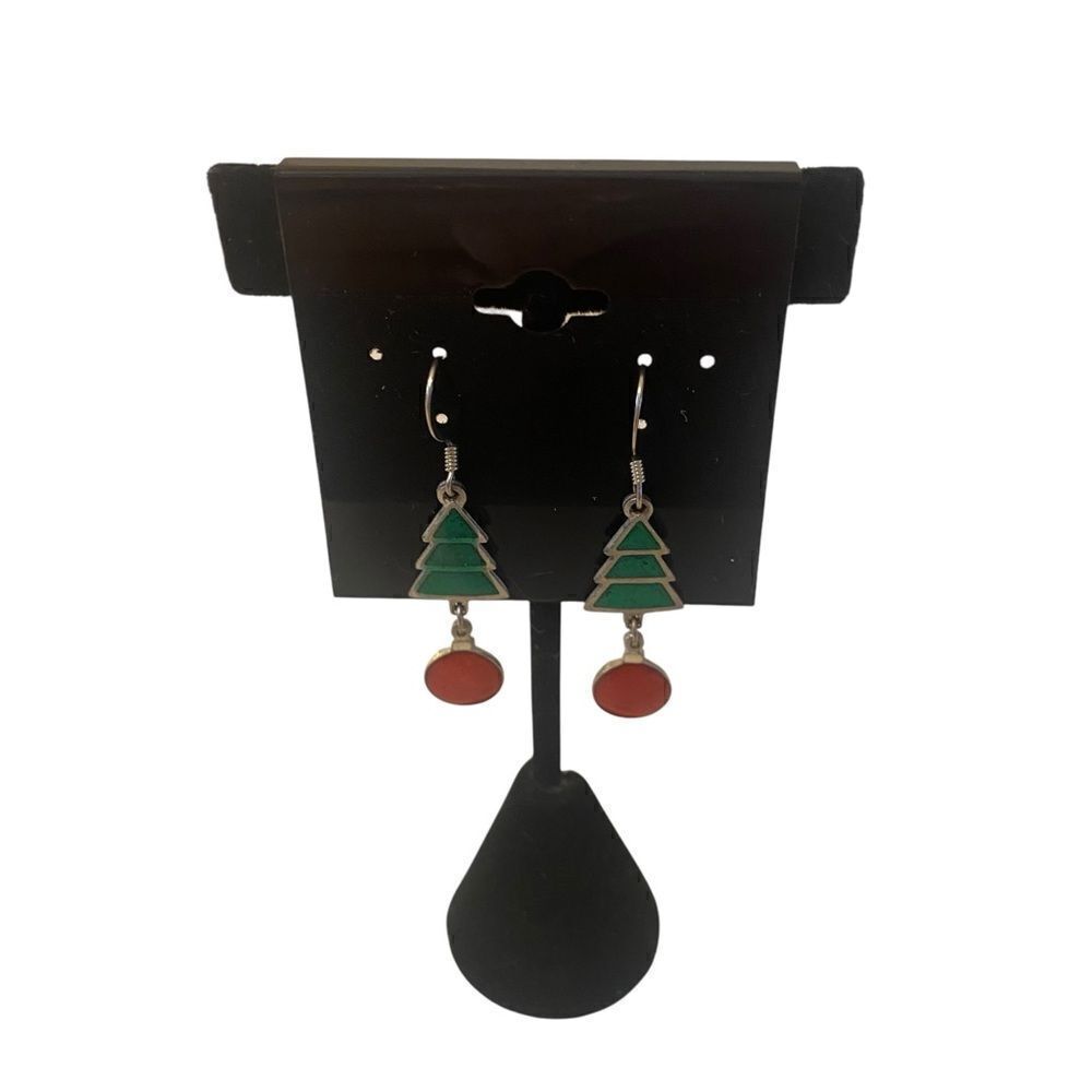 Vintage Glittery Green Tree Earrings w/Red Ball Accents.